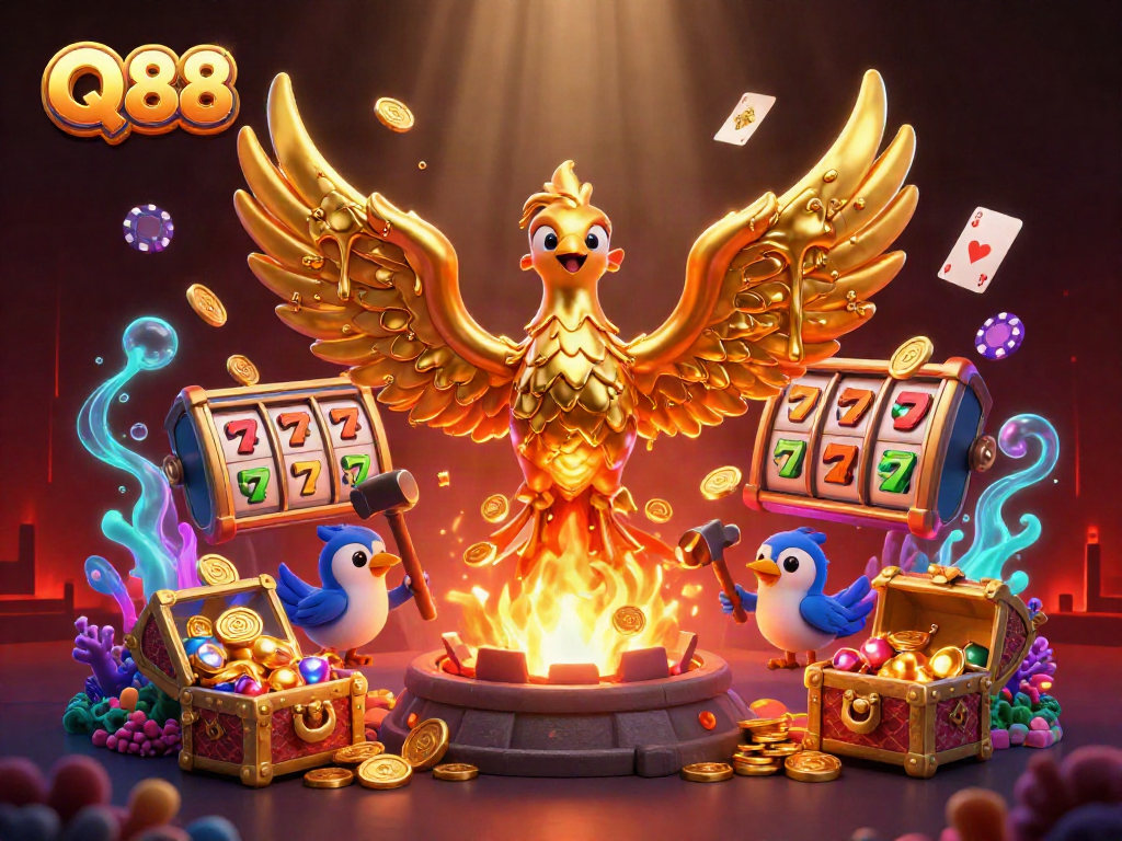 Experience the vibrant world of Q88 with a golden phoenix and winning game symbols in a lush casino scene.