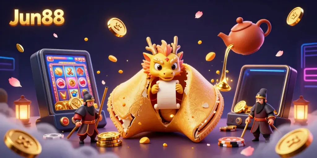 Experience thrilling gameplay at Jun88 with a whimsical 3D illustration of a golden fortune cookie, dragon, and dynamic casino elements.