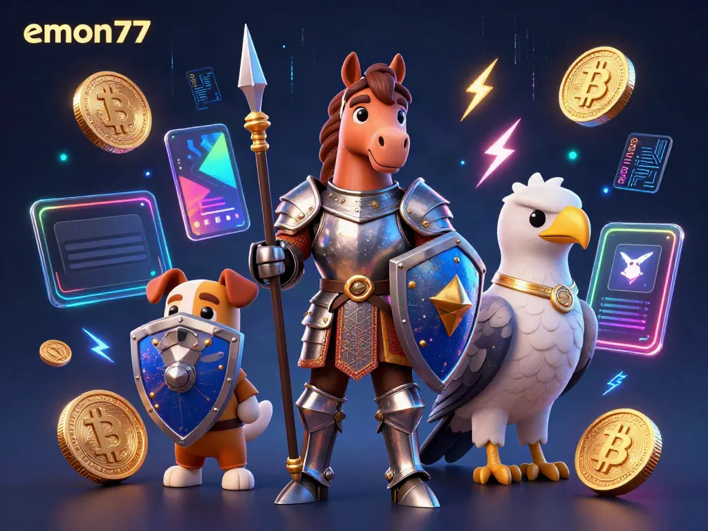 Experience the vibrant world of emon77 through a knight, puppy, and falcon, showcasing cryptocurrency themes.