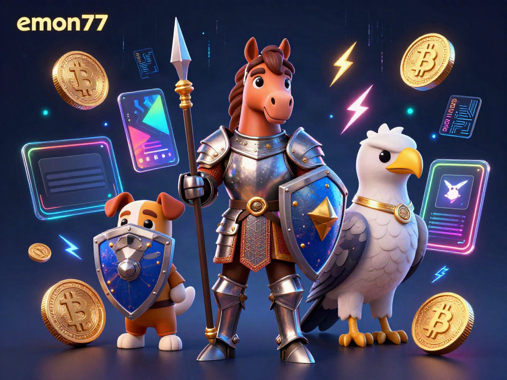 Experience the vibrant world of emon77 through a knight, puppy, and falcon, showcasing cryptocurrency themes.