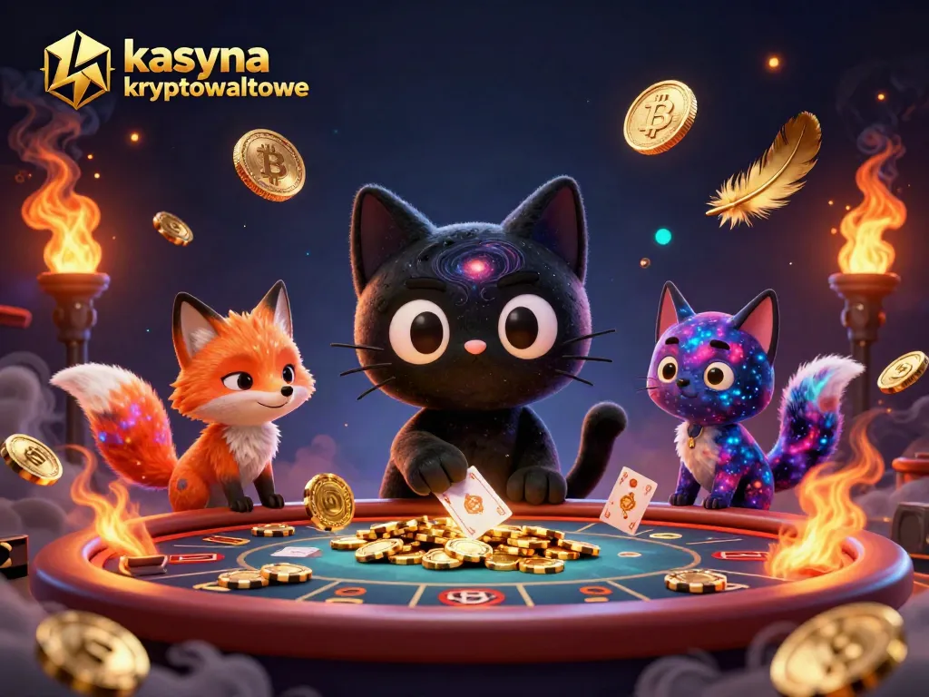 Engaging illustration of kasyna kryptowalutowe featuring a cosmic casino scene with a black hole cat attracting chips.