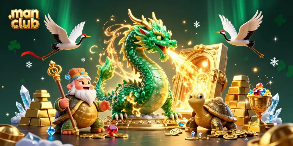 Experience thrilling action at man club with a dragon and fortune elements in a vibrant casino illustration.