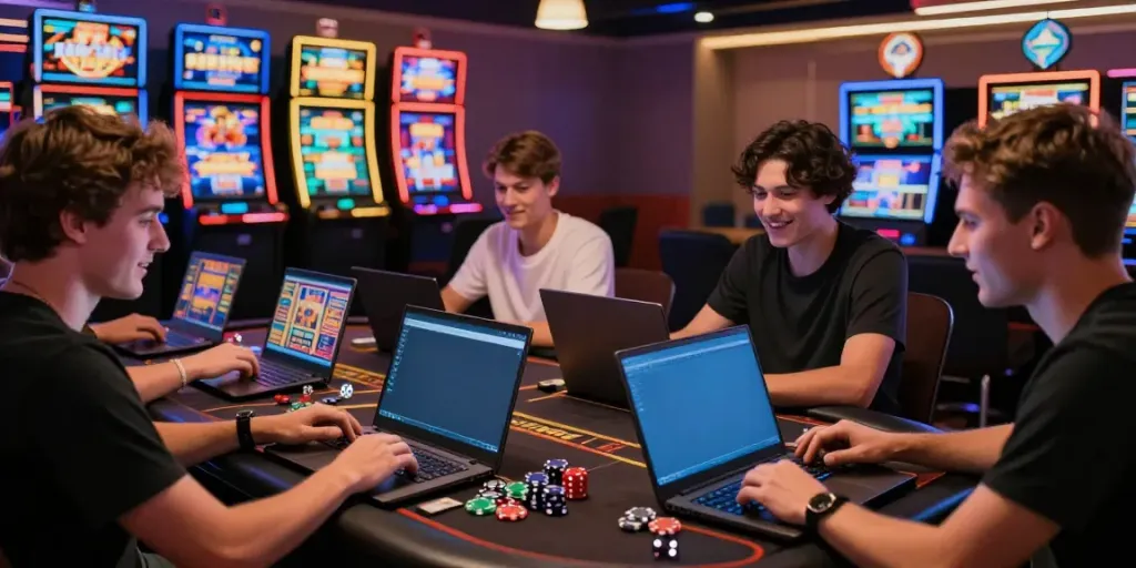 Exciting gameplay at link gacor gaming room with vibrant slot machines and engaged players.