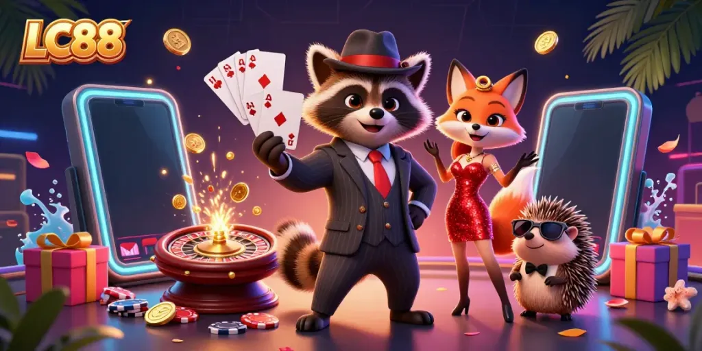 LC88 showcases a raccoon and fox in a casino setting, celebrating with winning cards and vibrant game elements.