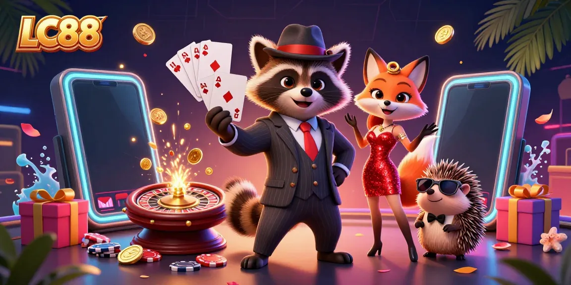LC88 showcases a raccoon and fox in a casino setting, celebrating with winning cards and vibrant game elements.