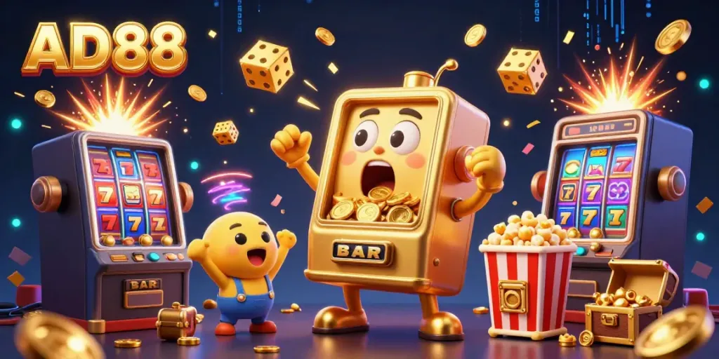 Experience excitement at AD88 with a lively 3D illustration of slot machines hitting jackpots, surrounded by coins and vibrant casino game elements.