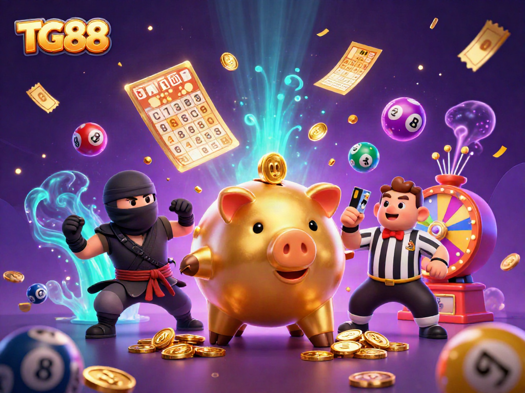 Experience the excitement of TG88 with a vibrant depiction of a sumo wrestler piggy bank amidst a lively gambling scene.
