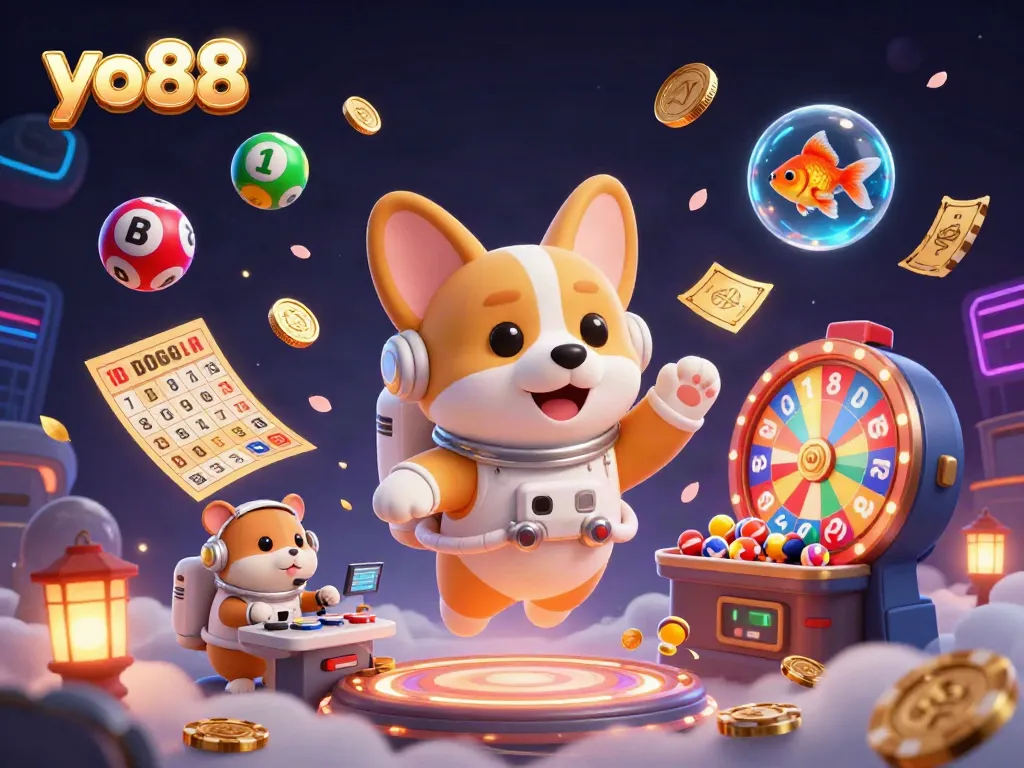 Engage with thrilling yo88 gaming action featuring a playful astronaut corgi in a captivating space casino scene.