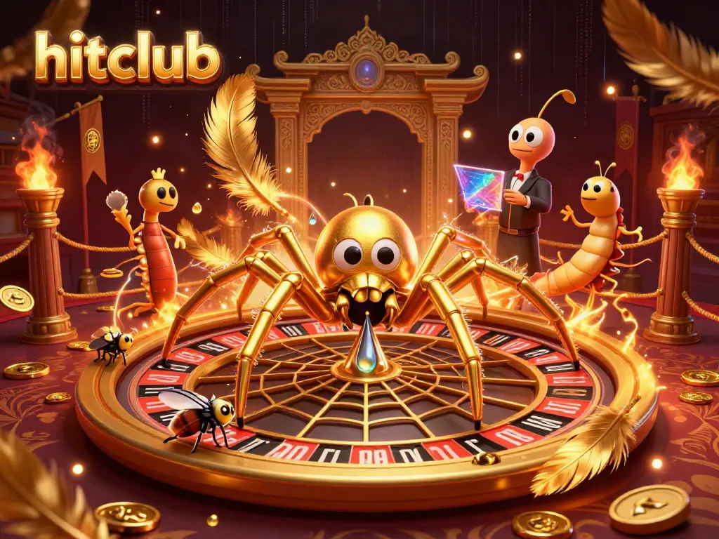 Engage with hitclub as a golden spider spins a roulette wheel web in a vibrant casino atmosphere.