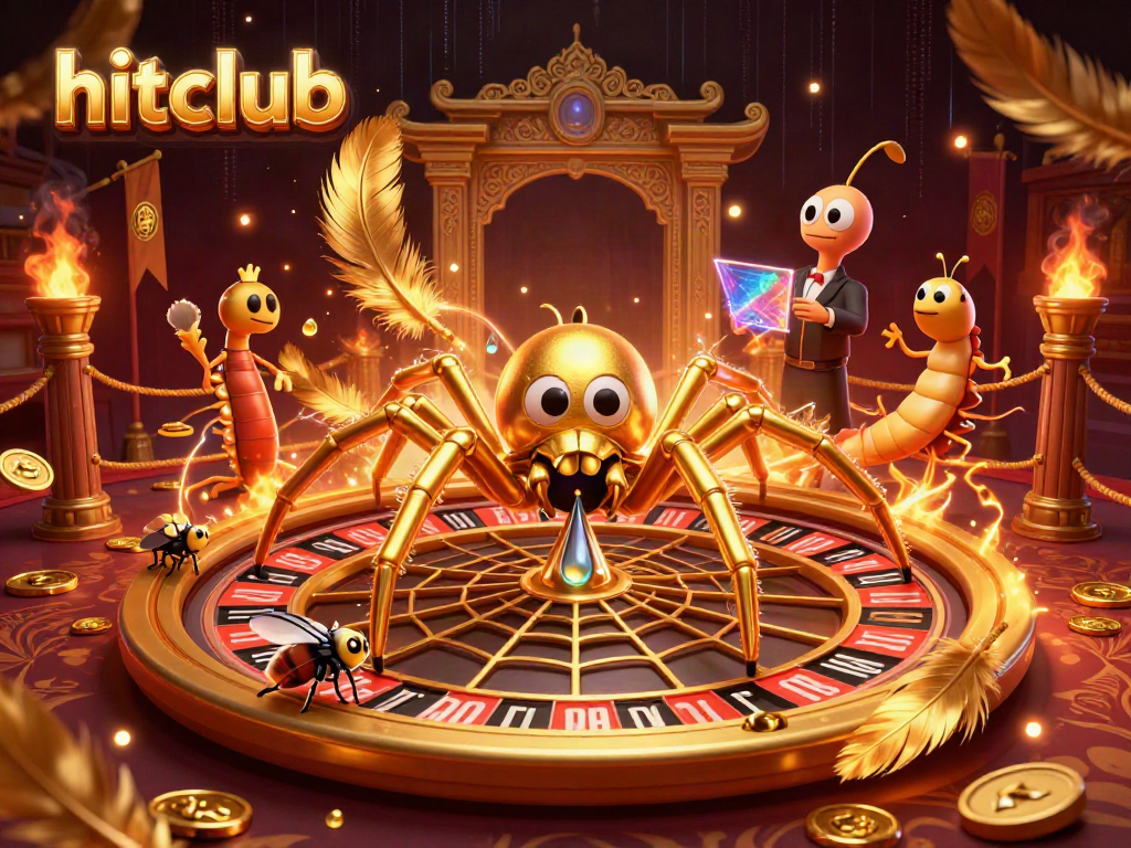Engage with hitclub as a golden spider spins a roulette wheel web in a vibrant casino atmosphere.
