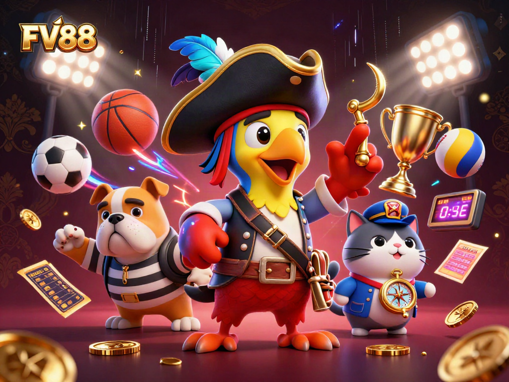 Betting action featuring FV88 with lively pirate characters and sports elements in a casino-themed scene.