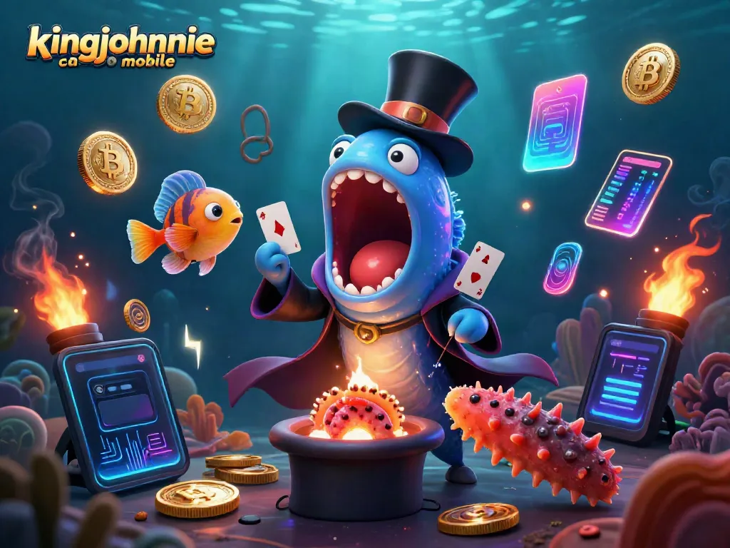 Experience kingjohnnie casino mobile with vibrant characters performing magic tricks and crypto elements.