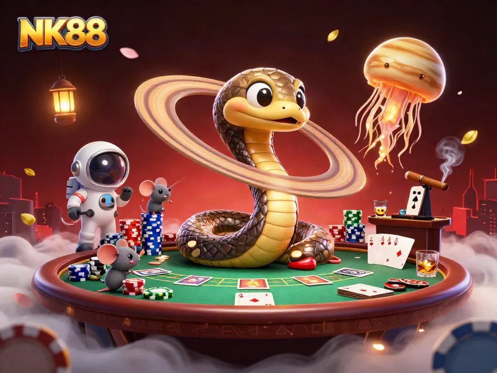 Place bets at NK88 casino as astronaut mice spin the Saturn roulette wheel in space.