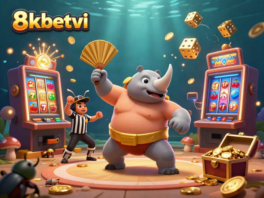 Experience the thrill of gaming with 8xbetvi as a rhinoceros beetle sumo champion in a vibrant casino scene.