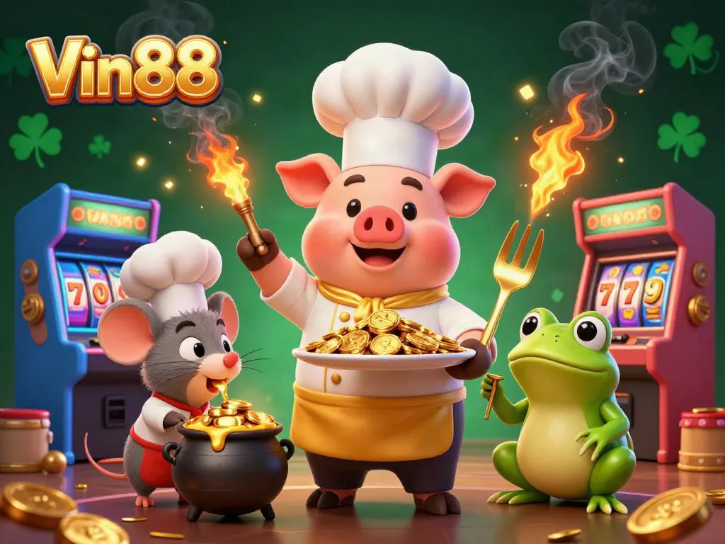Gamblers enjoy gold coins and games at Vin88’s 3D casino illustration with vibrant action.