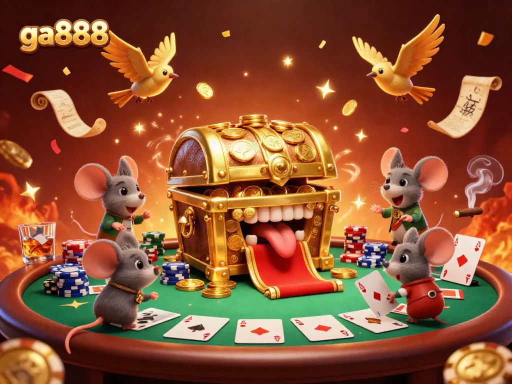Engage in thrilling gameplay at ga888 with vibrant poker scenes, golden treasures, and festive elements.
