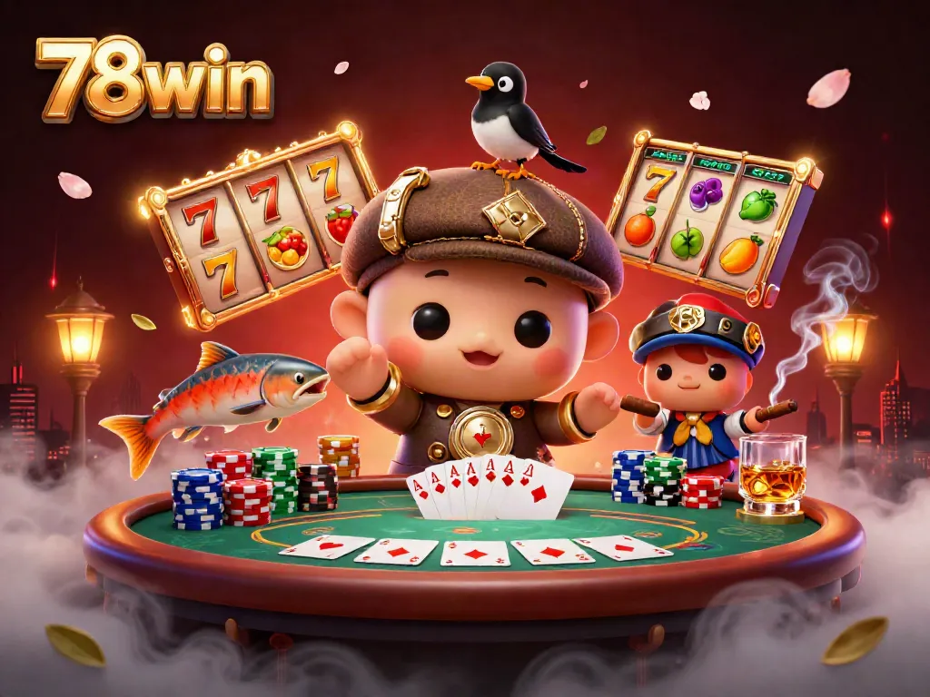 Experience the thrill of 78win's vibrant cartoon casino scene featuring Nessie, poker chips, and slot machines.