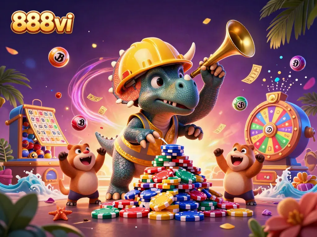 Celebrate with 888vi while a triceratops stacks poker chips amidst vibrant casino excitement.