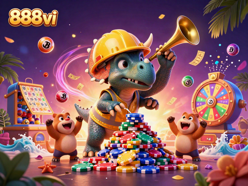 Celebrate with 888vi while a triceratops stacks poker chips amidst vibrant casino excitement.