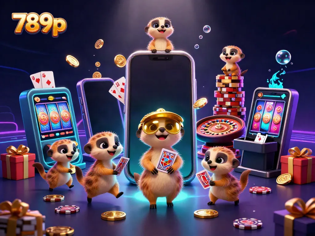 Experience interactive gambling fun with 789p's vibrant casino scene featuring meerkats.