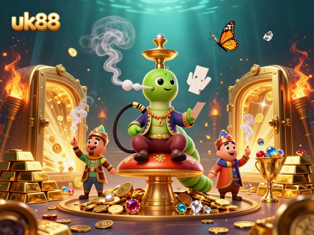 Engage in thrilling poker action with uk88 in a vibrant casino atmosphere, featuring animated characters and dazzling treasures.